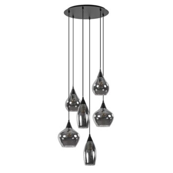 08451996 Luxe 6lichts hanglamp mat zwart met titanium smoke glas.jpg