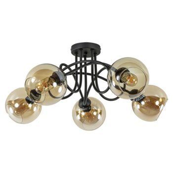 11040004 5Lichts klassieke plafondlamp zwart met amber glazen bollen.jpg