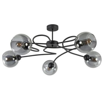 11040014 Chique 5lichts plafondlamp zwart met smoke glazen bollen.jpg