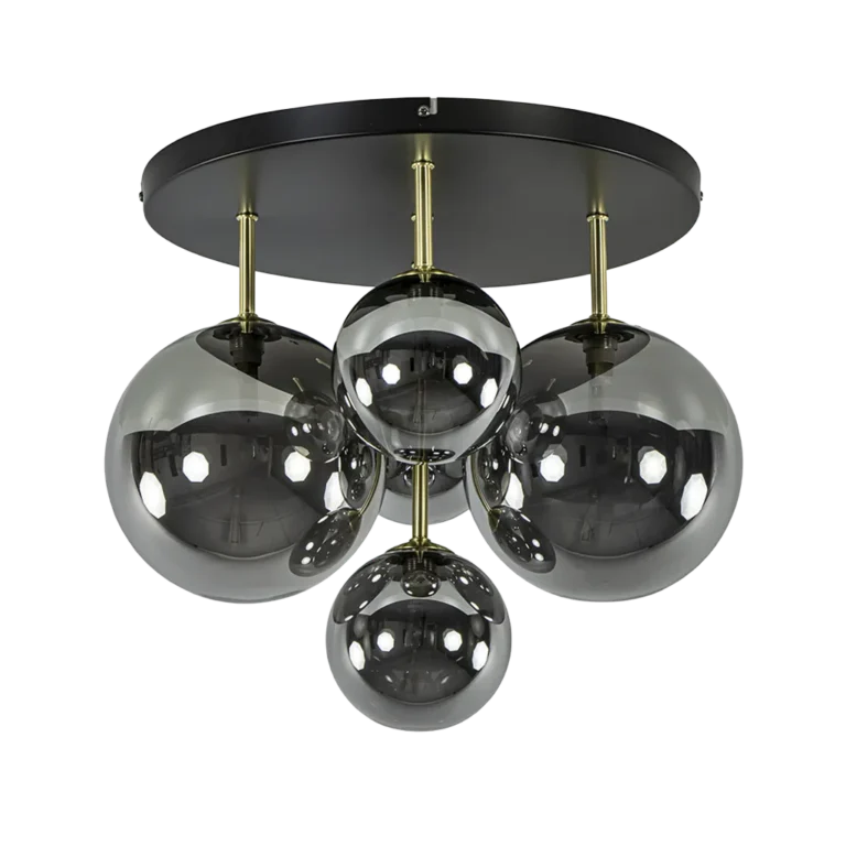 02810020 Ronde stijlvolle plafondlamp 5 lichts zwart met smoke glas
