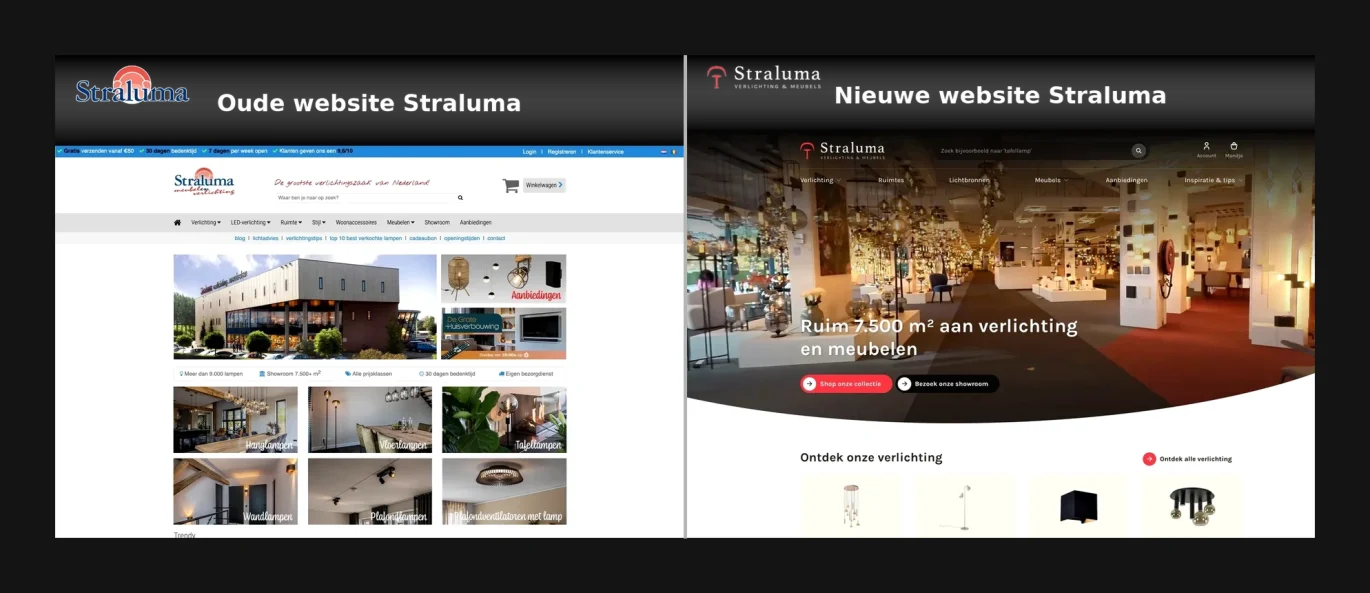 Oude website en nieuwe website van Straluma naast elkaar vergeleken, met links de klassieke webshop en rechts de vernieuwde moderne website.