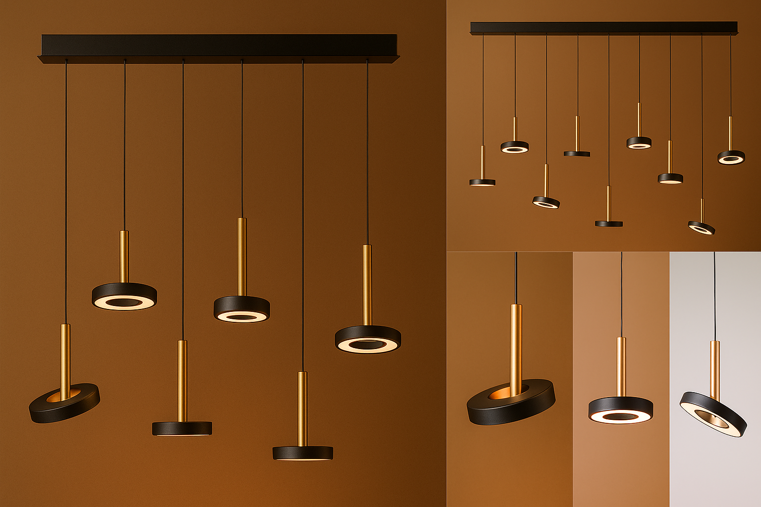 Close-up van een moderne mat zwarte en goudkleurige hanglamp- Straluma-met meerdere verstelbare pendels en ringvormige lichtbronnen tegen een warme achtergrond.