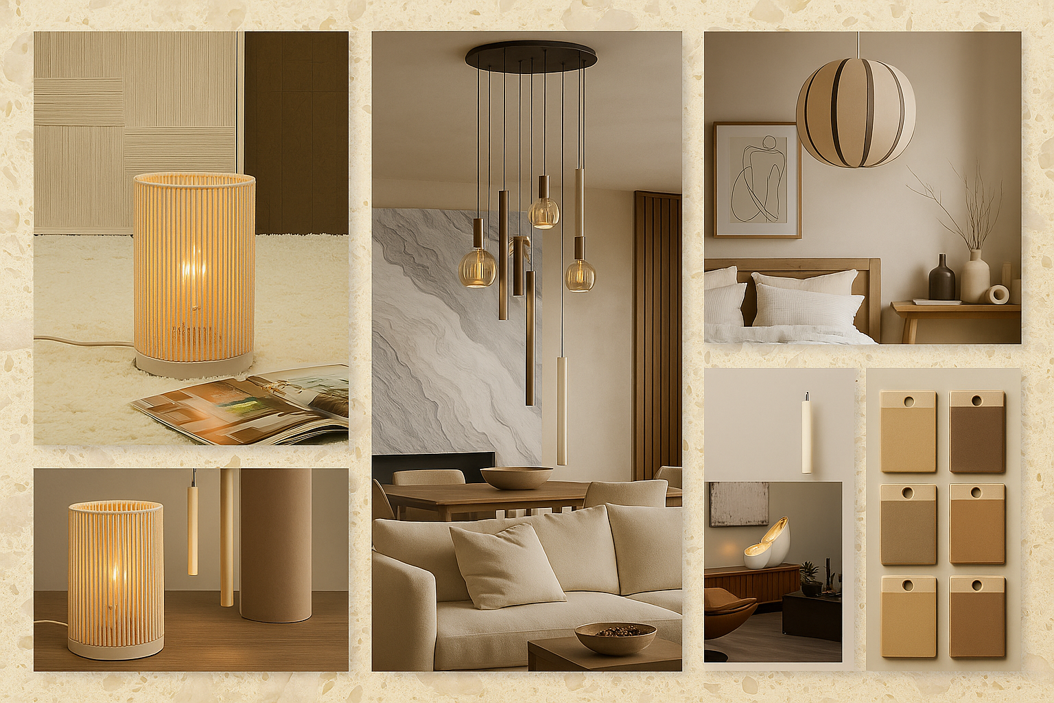 Collage met natuurlijke verlichting in zand- en aardetinten, waaronder tafellampen, pendellampen en wandlampen. Een stijlvolle weergave van de verlichtingstrends 2026, gepresenteerd door Straluma.