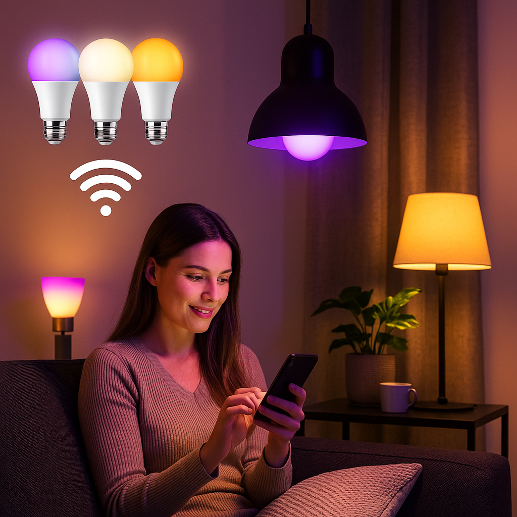 Straluma smart verlichting in woonkamer met kleurrijke LED-lampen die via smartphone worden bediend.