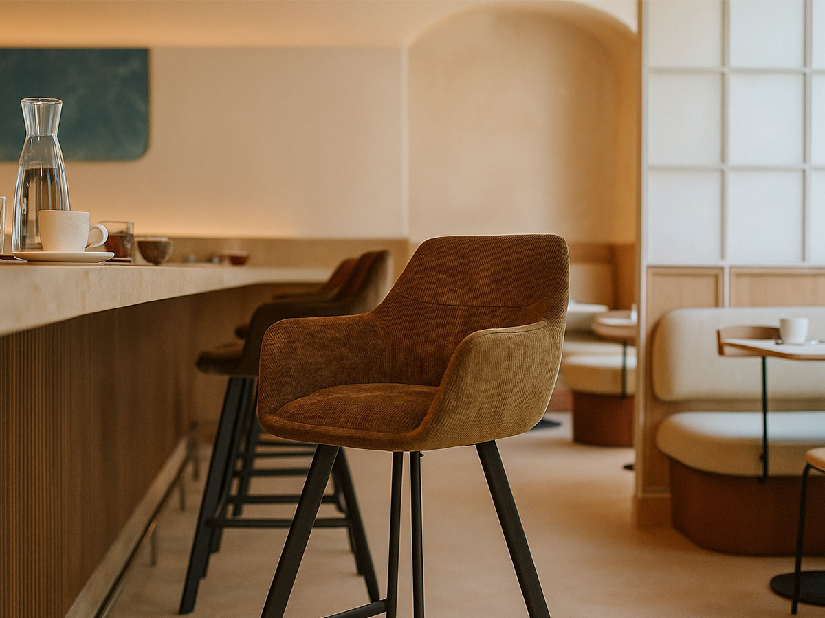 Bruine barkruk met armleuningen aan een moderne bar in warm ingericht interieur