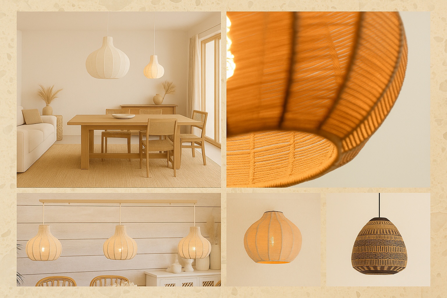 Collage van Straluma rotan hanglampen in diverse vormen en kleuren, toegepast in een lichte eetkamer en landelijke interieurs, met close-up van het warme geweven materiaal.