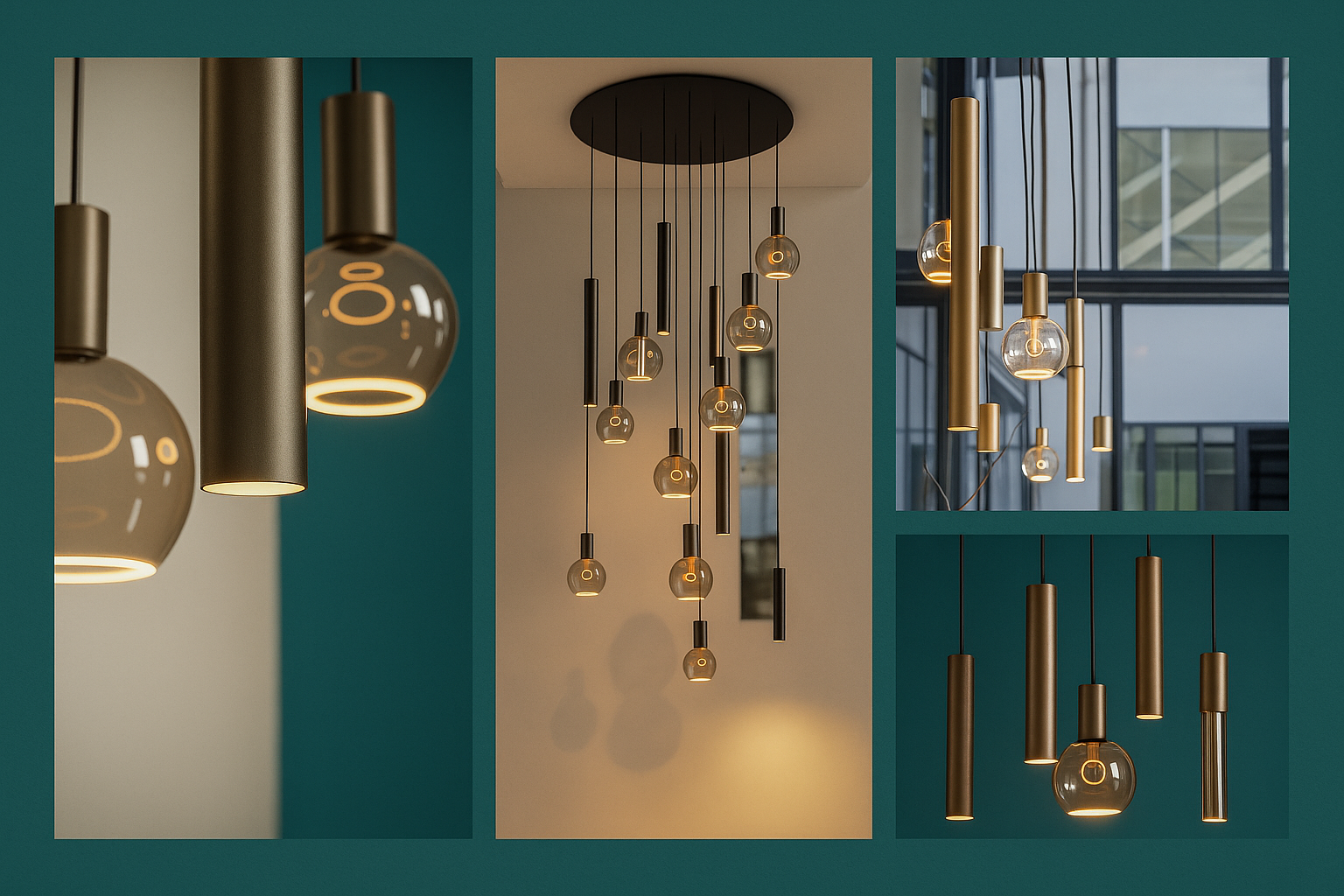 Collage van moderne bronzen, zandkleurige en titanium pendellampen met glazen bollen en cilindervormige spots, sfeervol weergegeven in diverse interieursettings. Exclusieve designverlichting van Straluma, passend bij de Lampen & Verlichting Trends 2026.