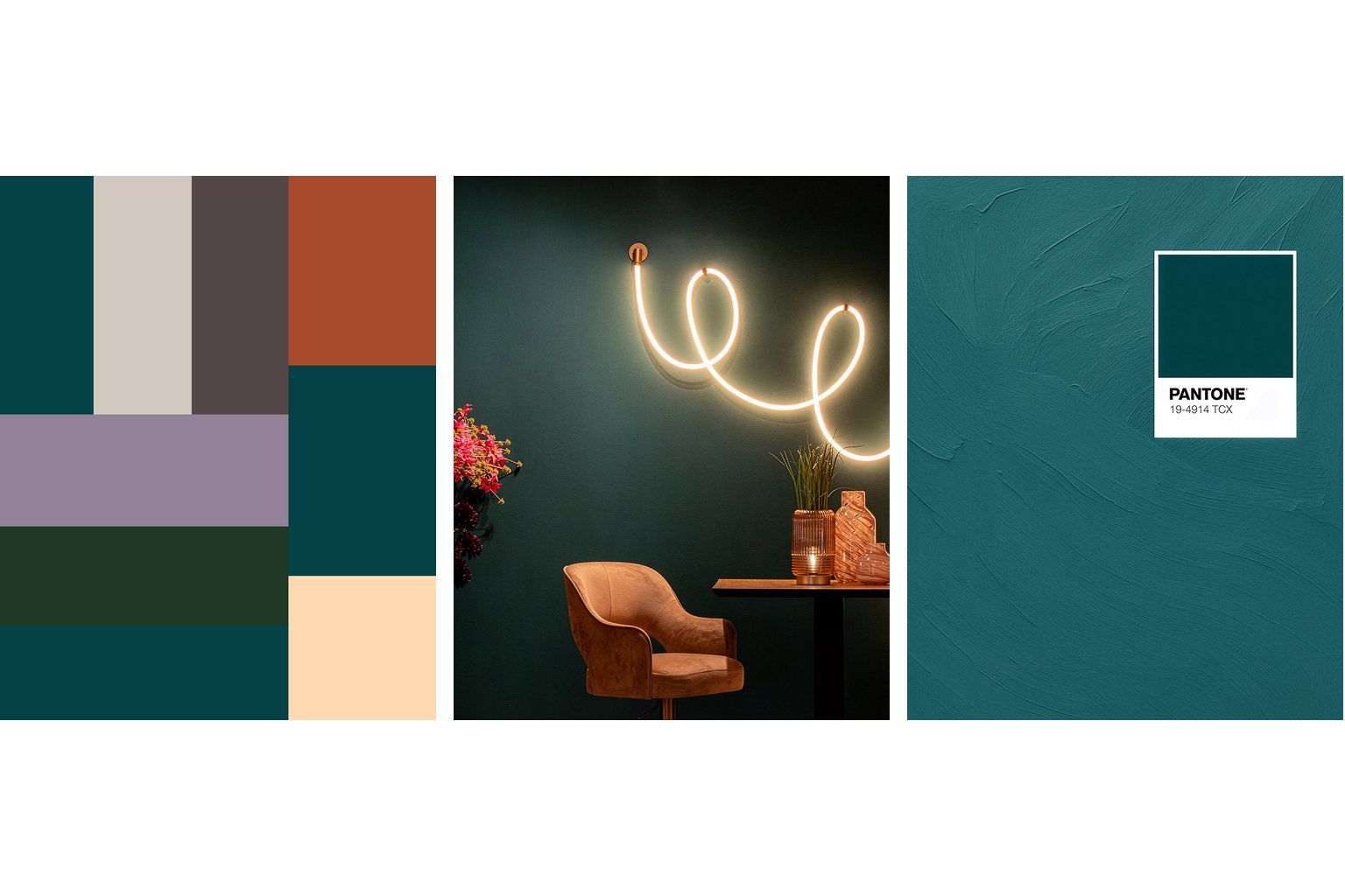 Collage met trendkleuren, moodboard en moderne wandverlichting op een tealgroene achtergrond, inclusief Pantone 19-4914 TCX. Sfeervolle presentatie van kleur- en lichtinspiratie door Straluma voor de verlichtingstrends van 2026.