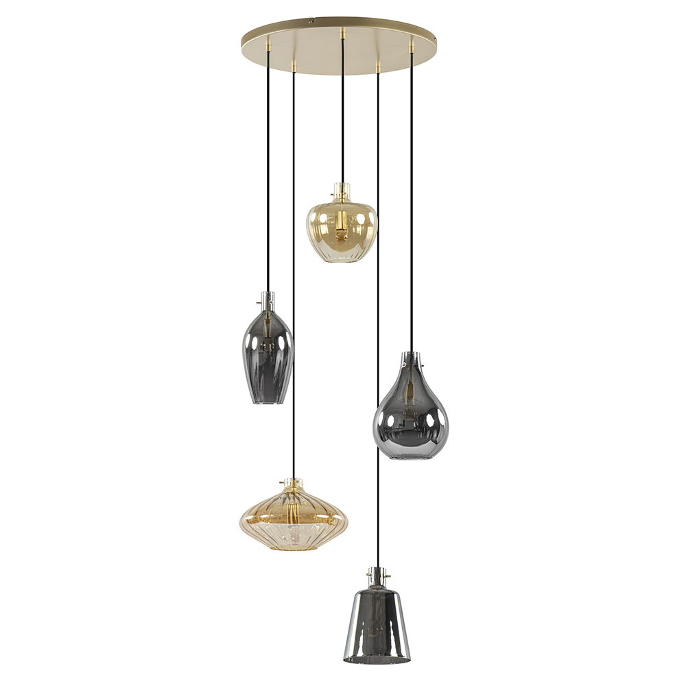 07500017 5 Lichts hanglamp goud met smoke en amber glas.jpg