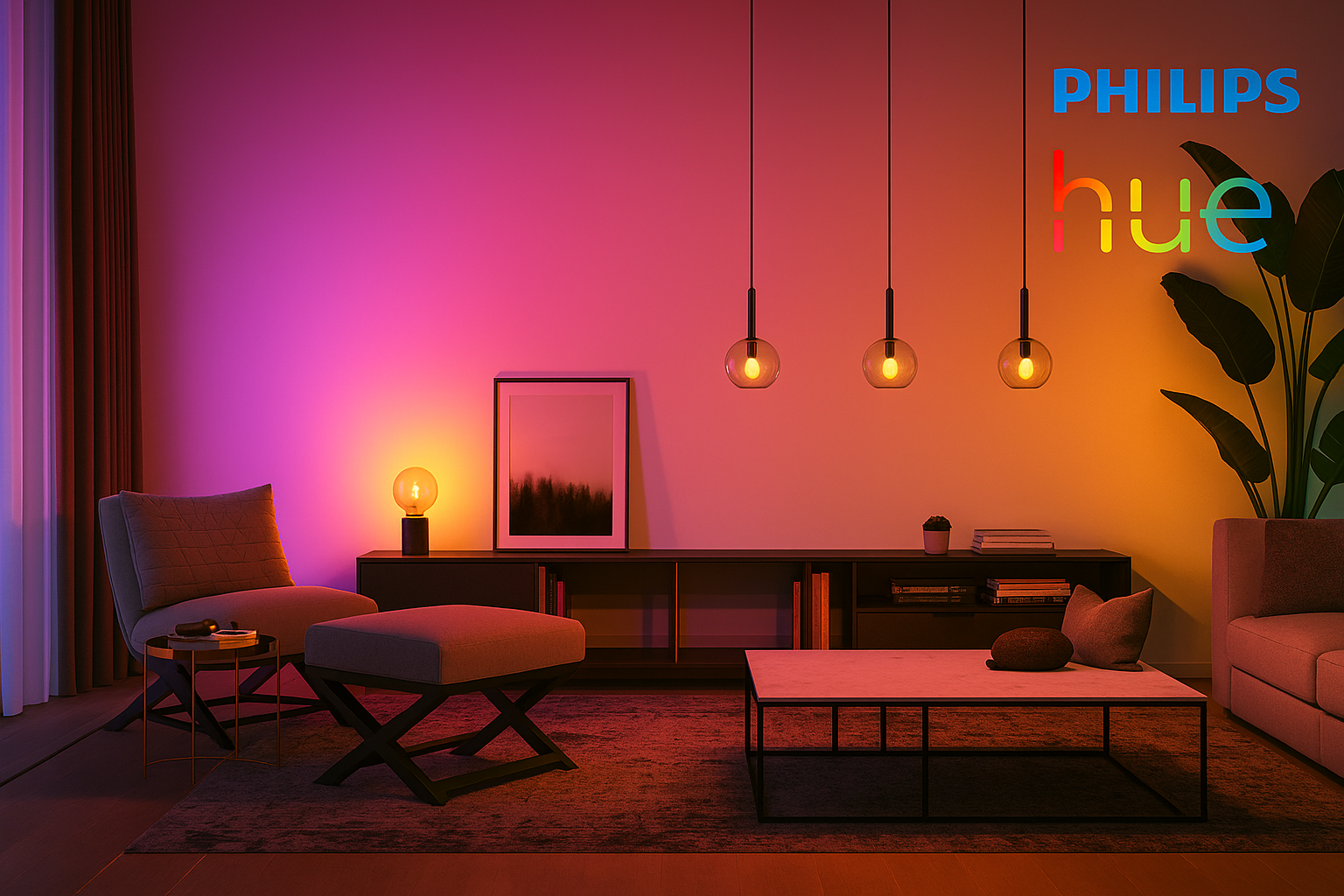 Woonkamer verlicht met Philips Hue in warme en kleurrijke tinten, met moderne hanglampen, designmeubels en zachte overgangen van roze naar amber—volledig passend bij de verlichtingstrends 2026 van Straluma