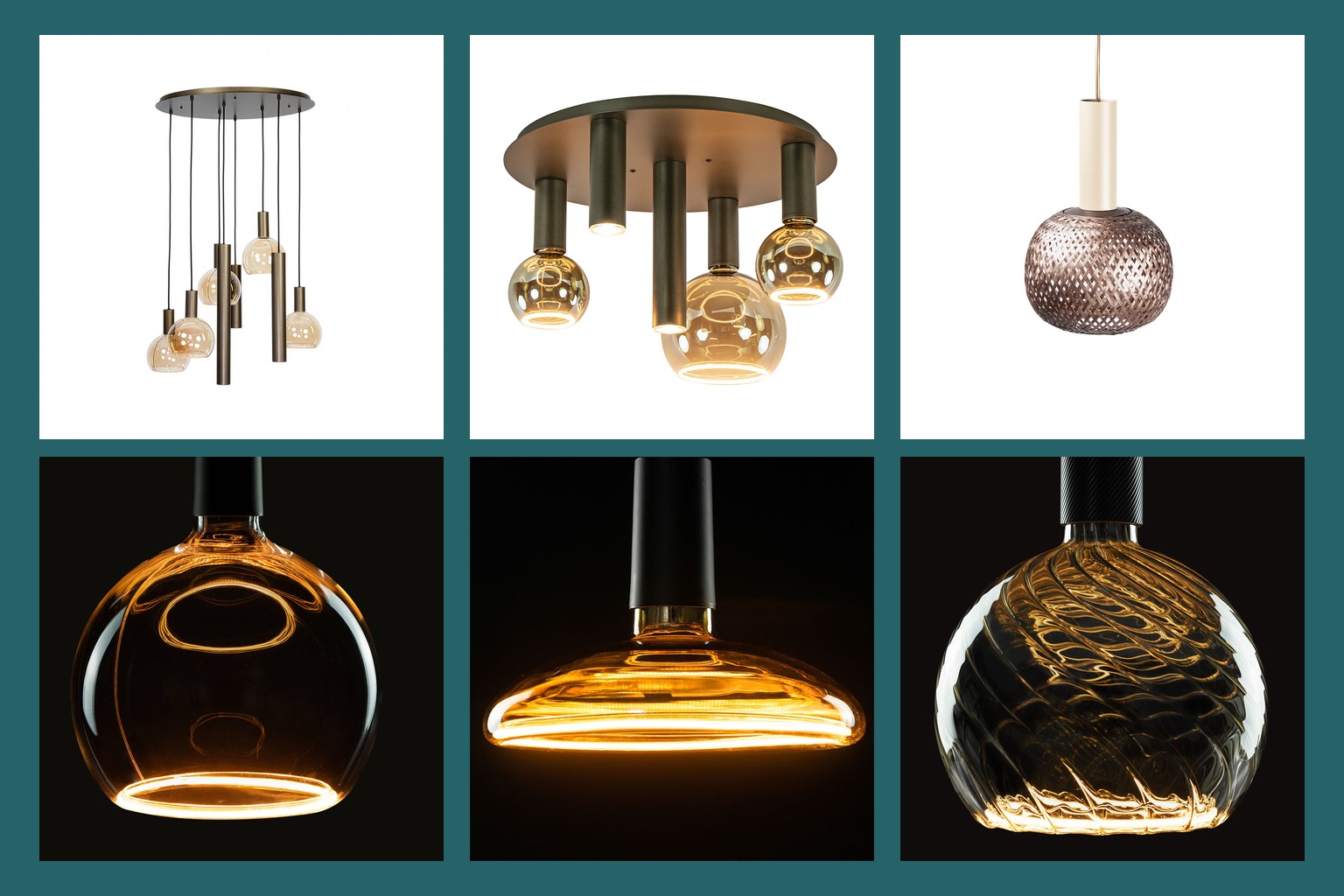 Collage van moderne Straluma glaspendels met hoogwaardige Segula LED-lichtbronnen, in diverse glasvormen en tinten zoals amber en smoke.
