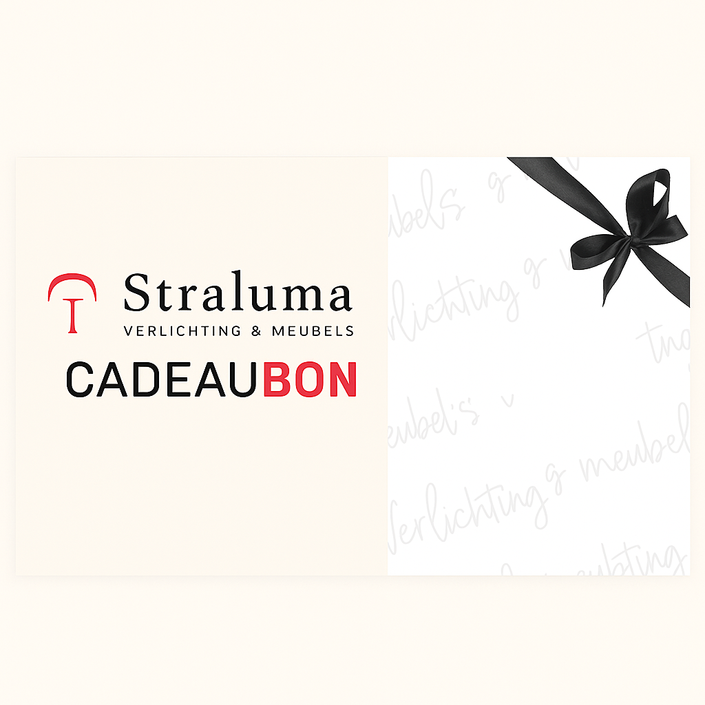 Algemene Straluma cadeaubon zonder bedrag, met beige linkerkant, zwart strikdetail en modern cadeaubonontwerp.