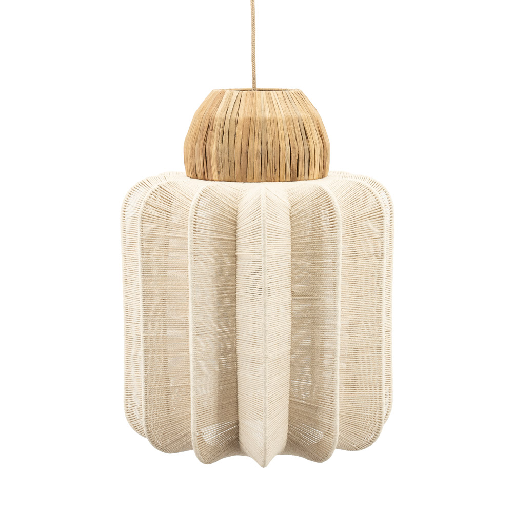 Japandi hanglamp van linnen en hout in natuurlijke beige tint