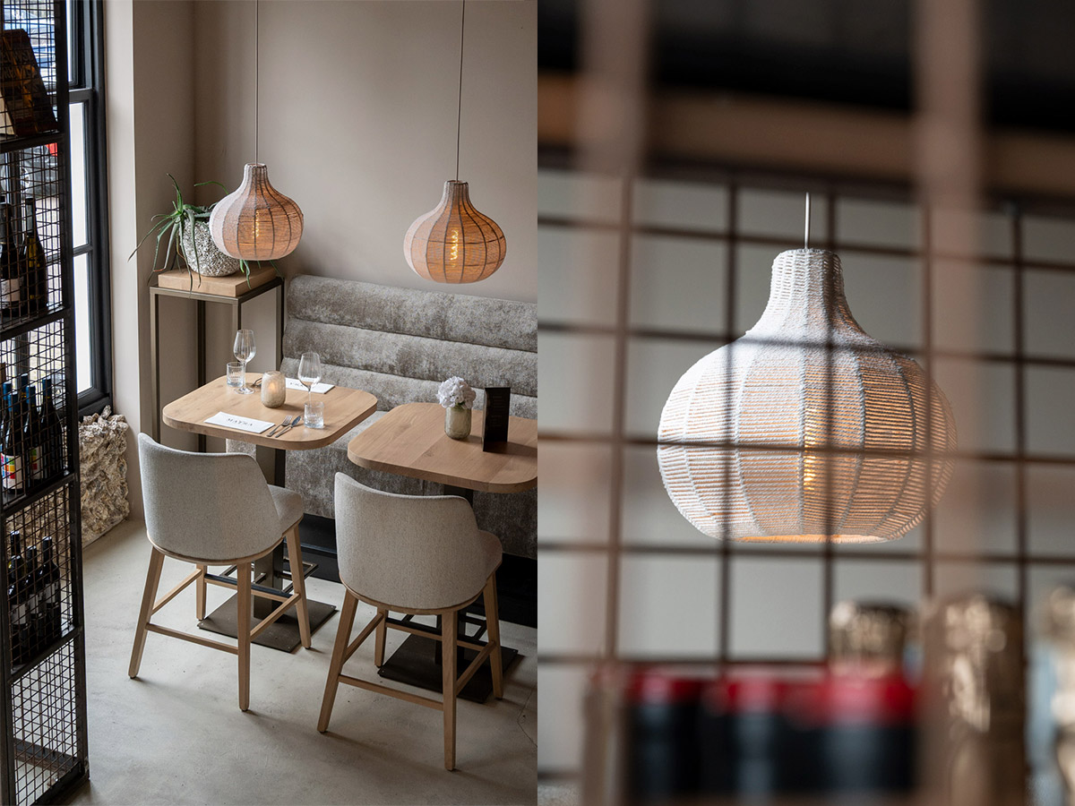 Straluma projectverlichting in Mayra Seafood Bar met sfeervolle rotan hanglampen boven restauranttafels